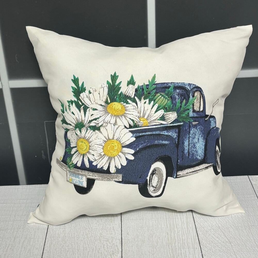 Vintage Truck Daisies Reversible Farmhouse Throw Pillow